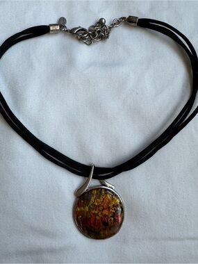 Chico's Multi-Strand Black Cord Gold Foil Resin Round Pendant Necklace/ Choker